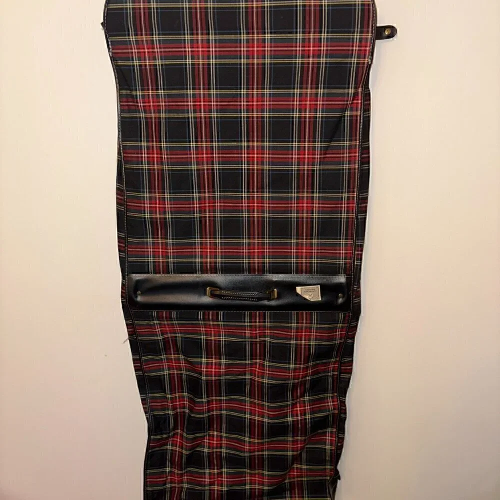 Vintage Tartan Plaid Hanging Suit Garment Bag - Leather Handle Original Hardware